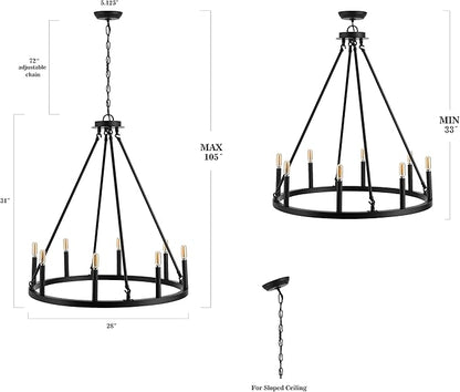 JONATHAN Y 28" Oil Rubbed Bronze 8-Light Wagon Wheel Chandelier, Classic Industrial Iron Ring Pendant for Dining Room, Kitchen, Foyer, Rustic Farmhouse Hanging Light, LED Bulbs Included JYL7496A