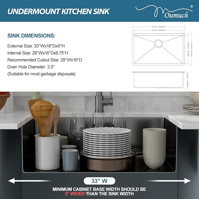 30 Inch Black Undermount Kitchen Sink - Oumuch 30x18 Undermount Stainless Steel Sink T304 18 Gauge kitchen Sinks Single Bowl Handmade Basin Under the Counter, 9" Deep