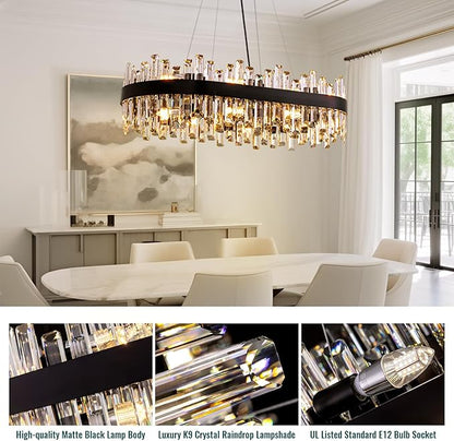 Siljoy Modern Crystal Chandelier, 16-Light Black Rectangular 2-Tiers K9 Crystal Raindrop Chandelier, Farmhouse Crystal Ceiling Light Fixture for Living Dining Room Kitchen Island L35.4 Inch