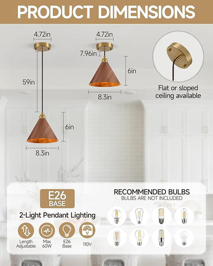 2 Pack Pendant Lights Kitchen Island, 8.3” Modern Pendant Light, Adjustable Height Wood Hanging Light, Kitchen Island Light fixtures for Dining Room, Bedroom, Hallway, Bar (Walnut)