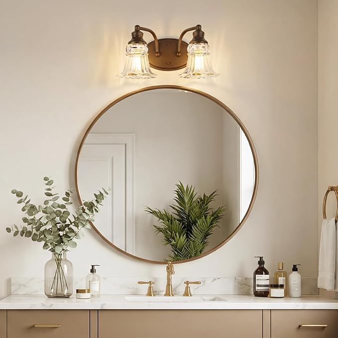2-Light Bathroom Light Fixtures Over Mirror, Vintage Vanity Lights with Clear Floral Glass Shades, Oil Rubbed Bronze
