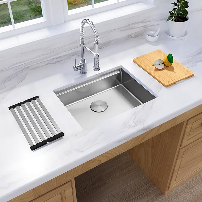 Undermount Kitchen Sink, 23" x 18" x 6" Single Bowl Workstation Sink with Accessories, 16 Guage T-304S Stainless Steel ADA-Compliant kitchen Sinks, 6 Inch Deep RV Kitchen Sink