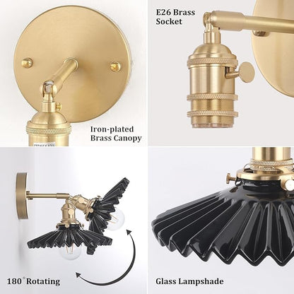 Shenmoyl Vintage Wall Sconce with Black Pleated Ceramic Lampshade 180 Degree Adjustable Brass Sconces Wall Lighting Fixture with Switch for Bedside Bedroom Doorway