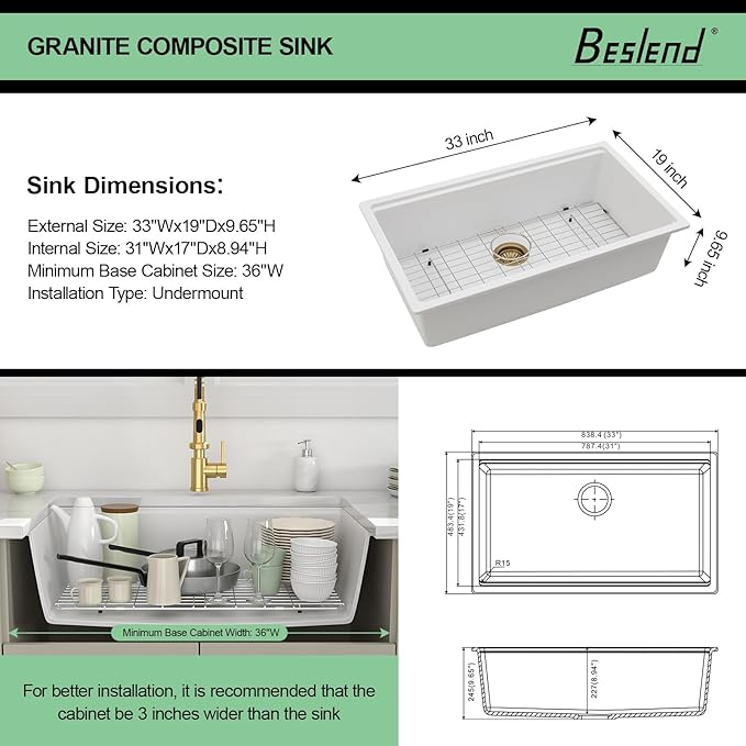 33 Inch Granite White Kitchen Sink - Beslend 33x19x10 Inch White Granite Composite Kitchen Sinks Undermount Quartz Sink Ledge Workstation Classic Under Counter Single Bowl Sink Basin
