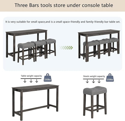 4-Piece Bar Height Table and Chairs Set - Rustic Bar Table with Integrated Power Outlets, 3 Padded Stools, Perfect as Kitchen Table, Small Dining Set, or Kitchen Island with Seating (Dark Gray)