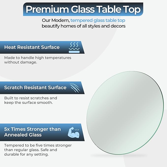 20" inch Round Tempered Glass Table Top - 1/4 inch Thickness & Flat Polished Edge - Clear Surface & Scratch Resistant - Ideal for Dining Room, Kitchen, Side, Office, Patio & Round Coffee Tables
