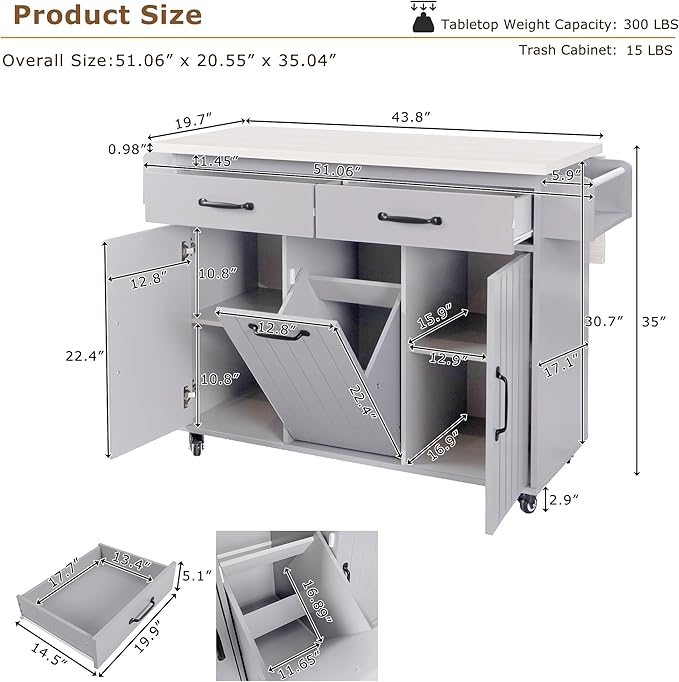 51.06" Mobile Kitchen Drop Leaf and Multipurpose Tilt-out Trash Can,Storage Cabinet w/Spice, Towel Rack & Drawer & Adjustable Shelf,Rolling Islands on Wheels,Grey, 50.25"