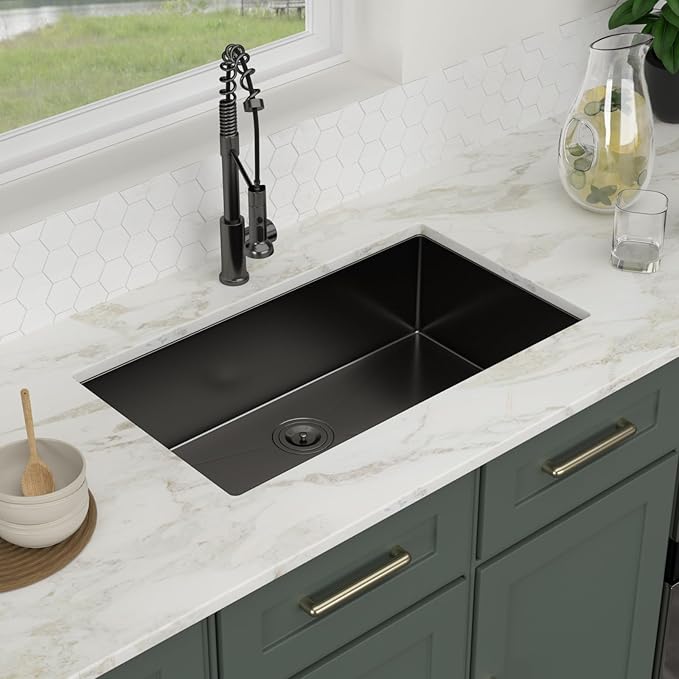 Logmey 32 Black Undermount Kitchen Sink - 32x18 Inch Kitchen Sink Stainless Steel Undermount Sink 16 Gauge Single Bowl Under Counter Kitchen Sink
