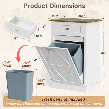 YESHOMY Tilt Out Trash Cabinet,10 Gallon Hidden Wooden Bin Cabinets, Laundry Hamper with Drawers, for Kitchen, Dining Room, White