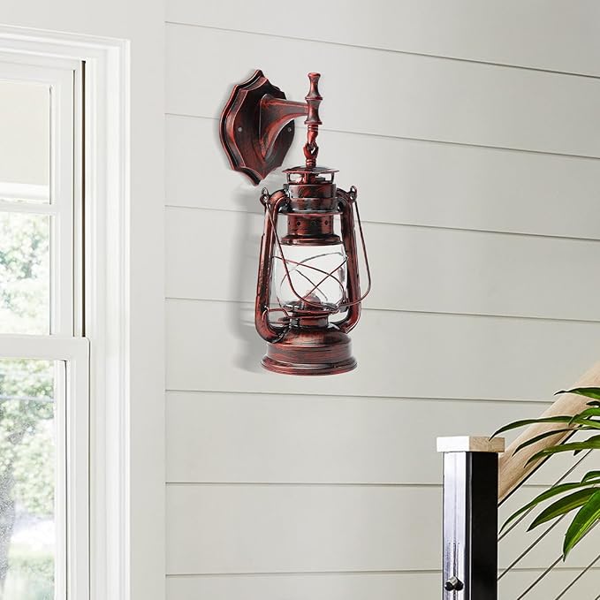 Retro Antique Vintage Rustic Wall Sconce, Lighting Lantern Mounted Light with Glass Indoor Light Fixture, Cabin Decor Lampshade for Hallway Farmhouse Loft (Red Bronze Coloured)