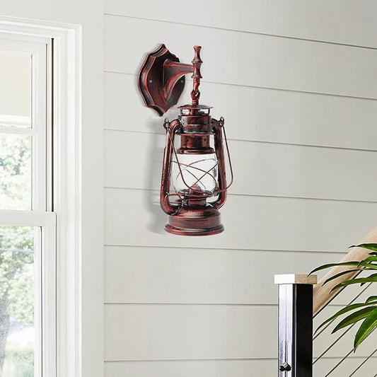 Retro Antique Vintage Rustic Wall Sconce, Lighting Lantern Mounted Light with Glass Indoor Light Fixture, Cabin Decor Lampshade for Hallway Farmhouse Loft (Red Bronze Coloured)