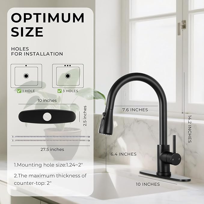 FGKQ Matte Black Kitchen Faucet with Pull Down Sprayer, Kitchen Sink Faucet with Sprayer and Deck, Commercial Faucet for Kitchen Sink, Single Handle, Suitable for RV/Bar Sink
