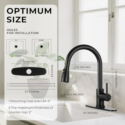 FGKQ Matte Black Kitchen Faucet with Pull Down Sprayer, Kitchen Sink Faucet with Sprayer and Deck, Commercial Faucet for Kitchen Sink, Single Handle, Suitable for RV/Bar Sink