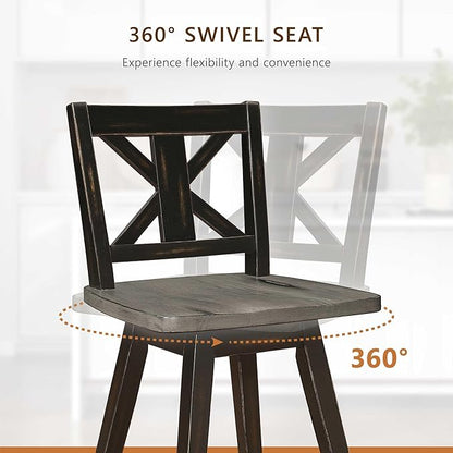 Lexicon Counter Height Stools Set of 2-Solid Wood Frame 360° Swivel Wooden Stools, Foot Rest, X Back, Wide Seat, Distressed Farmhouse Easy to Clean Finish, 24" SH, Antique Black/Grey
