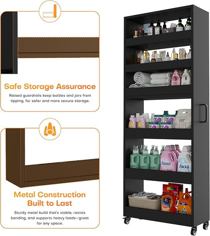 Slim Storage Cart, Lightweight 6 Tier Metal Rolling Utility Kitchen Cart on Wheels, Mobile Storage Shelving Unit Organizer for Bathroom Laundry Office Narrow Places (Black, 10" D)