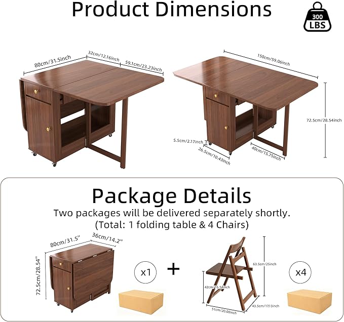 Drop Leaf Table and Chairs - 59" Fully Assembled Folding Dining Table 4-6 Seater with Storage and Lockable Wheels, Space-Saving Set with 4 Chairs for Kitchen or Dining Room (Walnut)