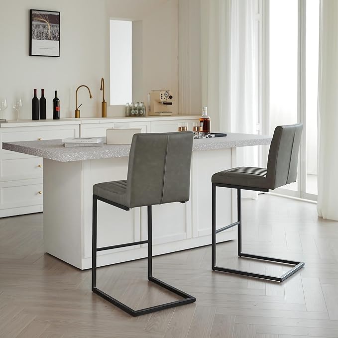 26" Counter Height Bar Stools Set of 2, Modern Upholstered Chairs with Vertical Tufted Backrest & Footrest, Metal Frame for Kitchen Island, Home Bar (Gray PU Leather)