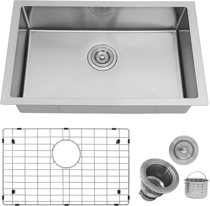 Kitsitchen RV Kitchen Sink 25 Inch, Stainless Steel Undermount Single Bowl Kitchen Sinks, 7 Inch Depth RV Sink with Strainer & Bottom Gird, Outdoor Camper Prep Sinks(25" x 16" x 7")