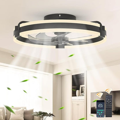 Garwarm 20 Inch Ceiling Fans with Lights and Remote, Modern Low Profile Ceiling Fan,3000K-6000K Dimmable LED Small Fan Light Fandelier for Bedroom,Black