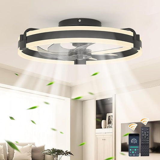 Garwarm 20 Inch Ceiling Fans with Lights and Remote, Modern Low Profile Ceiling Fan,3000K-6000K Dimmable LED Small Fan Light Fandelier for Bedroom,Black