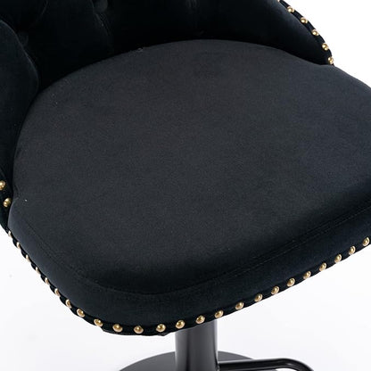 Rhomtree Velvet Swivel Bar Stools Upholstered Bar Stool with Button Tufted Back and Pull Ring Height Adjustable Barstools 25-33 Inch for Home Pub and Kitchen Island (Black with Black Bas, Set of 4)