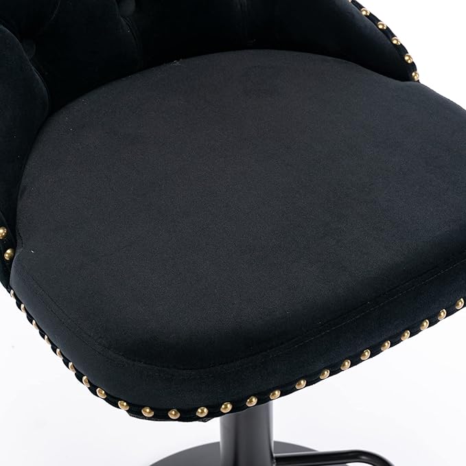 Swivel Velvet Bar Stools Set of 2, Adjustable Seat Height 25-33 Inch with Backs, Black Upholstered Barstools with Tufted Back, Rivets, Ergonomic Waist Support, Chrome Base for Kitchen Island