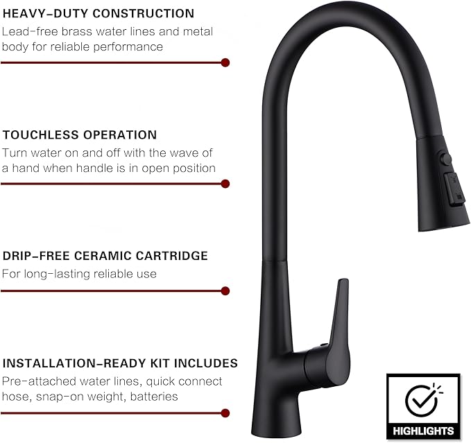 sumerain Matte Black Touchless Kitchen Sink Faucet with Pull Down Sprayer,Hands Free Motion Sensor Faucet for Kitchen Sink