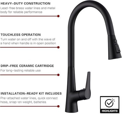 sumerain Matte Black Touchless Kitchen Sink Faucet with Pull Down Sprayer,Hands Free Motion Sensor Faucet for Kitchen Sink