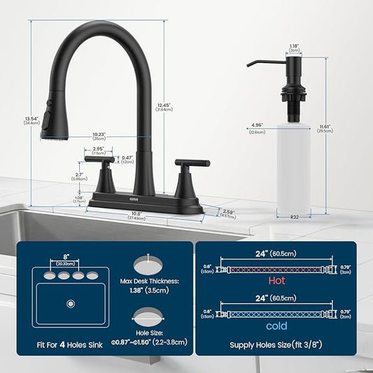 Hurran 8-Inch 2 Handle Pull Down Kitchen Faucet with Soap Dispenser, High Arc 2-in-1 Spray/Stream Stainless Steel Kitchen Sink Faucet for 3-4 Hole Widespread Installation, Matte Black