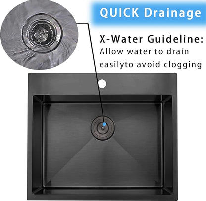 Black Drop In Bar Sink, 18 x 18 Inch Topmount RV 16 Gauge Gunmetal Black Stainless Steel Single Bowl Small Kitchen Sink, Handmade Modern Outdoor RV Wet Bar Perp Sinks with Drain