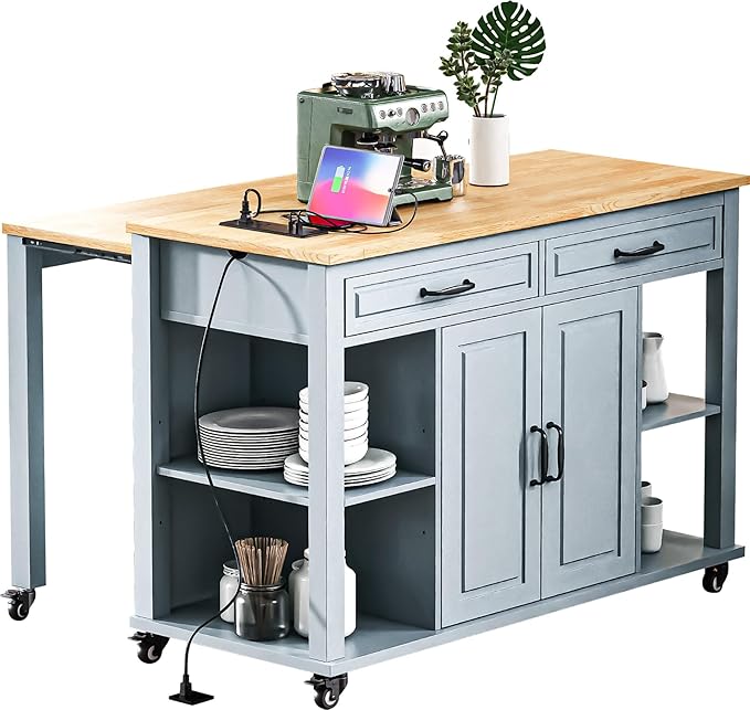 Modern Dining Table Kitchen Island with Extendable Table, Rubber Wood Veneer Dining Table with Rack, Power Outlet, Wood Counter Living Con