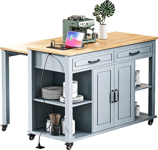 Modern Dining Table Kitchen Island with Extendable Table, Rubber Wood Veneer Dining Table with Rack, Power Outlet, Wood Counter Living Con