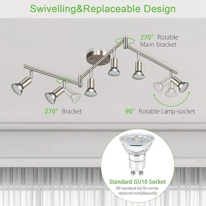 Unicozin LED 6 Light Track Lighting Kit, 46.5'' Matt Nickel 6 Way Ceiling Spot Lighting, Flexibly Rotatable Head, Modern Track Light Included 6 x LED GU10 Bulb (4W, Daylight White 5000K, 400LM)