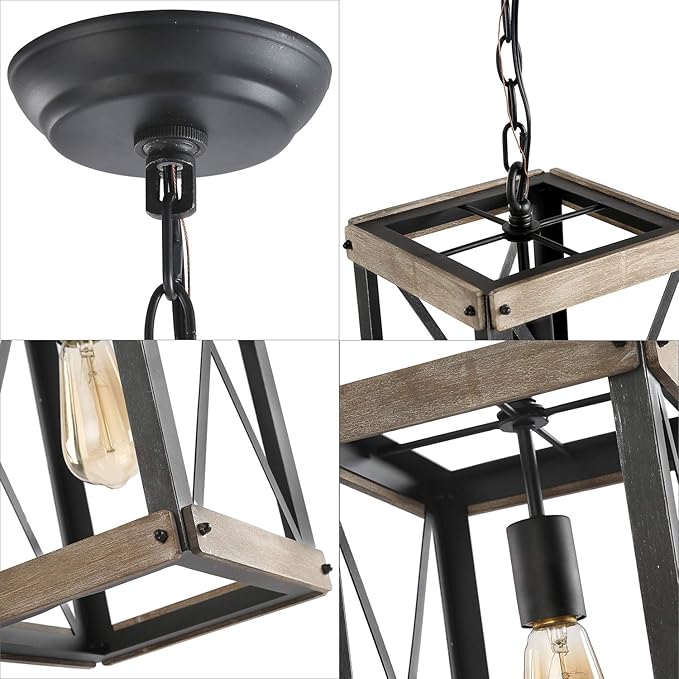 LNC Farmhouse Pendant Lighting Fixture Rustic Wood Cage Chandelier for Kitchen Island, Entryway, Foyer, Living and Dining Room, Brown, Rectangle