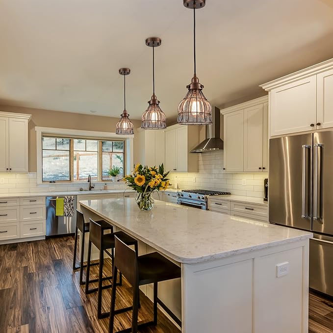 YUBOLE Vintage Cracked Glass Wire Cage Hanging Pendant Light, Red Antique Copper