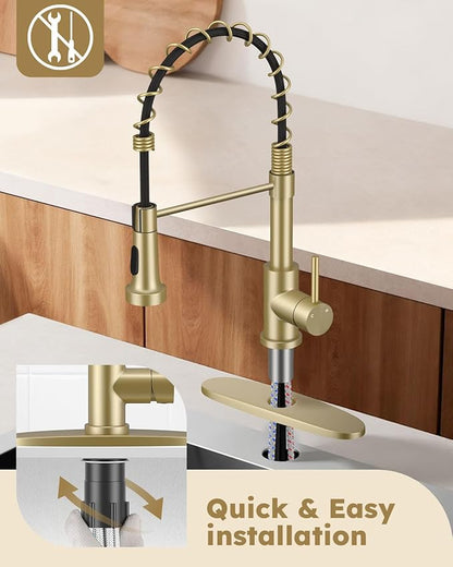 Arofa Kitchen Faucet with Pull Down Sprayer, Brushed Gold Kitchen Sink Faucet 1-3 Hole Single Handle High Arc Stainless Steel Commercial Modern Kitchen Faucets for RV/Laundry/Outdoor/Bathroom Sink