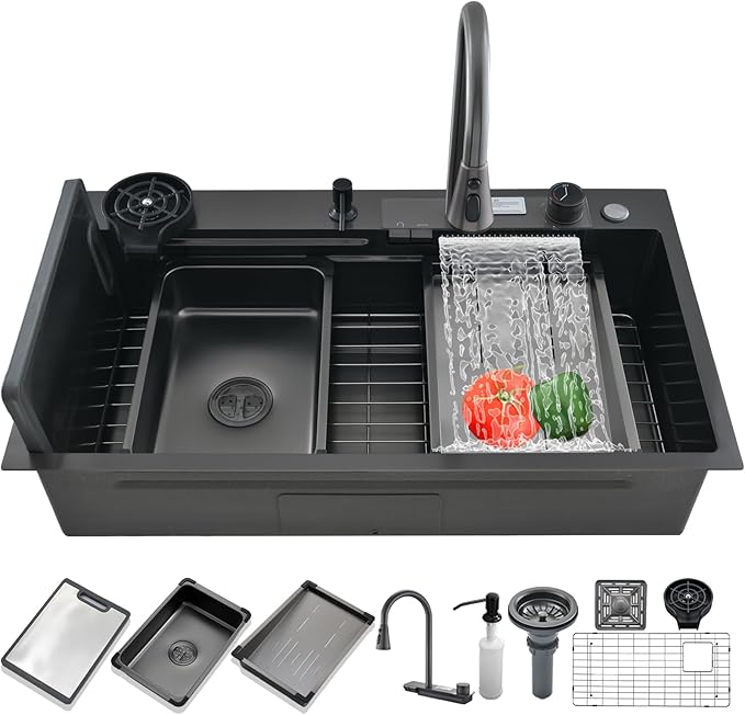 Black Kitchen Sink with bottom screen, 32 Inch Nano Stainless Steel Waterfall, Countertop Workstation Single Sink Set & Accessories, for Countertop, Kitchen, Bar (BLACK, 32IN)