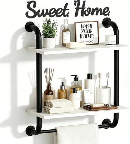Tinpin Bathroom Shelves Wall Mounted, Rustic Farmhouse Pipe Shelves 2-Tier, Floating Shelf Wall Decor for Bathroom, Kitchen, Bedroom, Living Room Thanksgiving Day 17.3in White