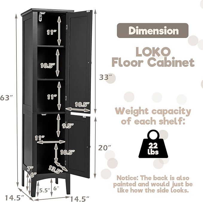LOKO Tall Bathroom Floor Cabinet, Multifunctional Storage Cabinet with Doors, Narrow Slim Linen Tower for Bathroom, Living Room or Kitchen, 14.5 x 14.5 x 63 inches (Black)