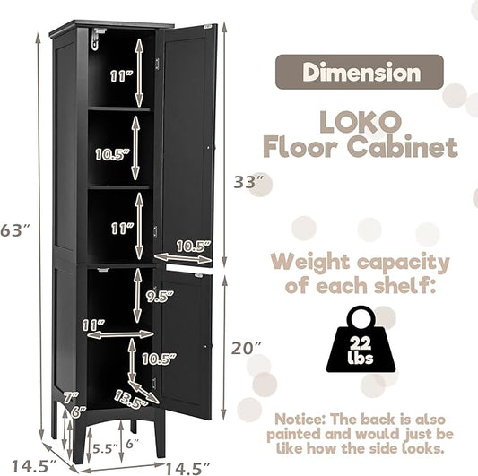 LOKO Tall Bathroom Floor Cabinet, Multifunctional Storage Cabinet with Doors, Narrow Slim Linen Tower for Bathroom, Living Room or Kitchen, 14.5 x 14.5 x 63 inches (Black)