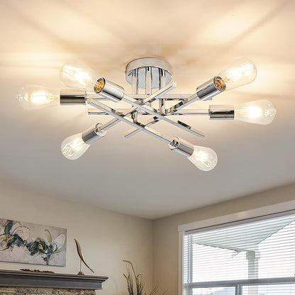 ASGYISA 6-Lights Semi Flush Mount Ceiling Light Fixture Modern Chrome Matte Sputnik Chandelier Farmhouse Ceiling Lighting for Kitchen Bedroom Dining Room Living Room
