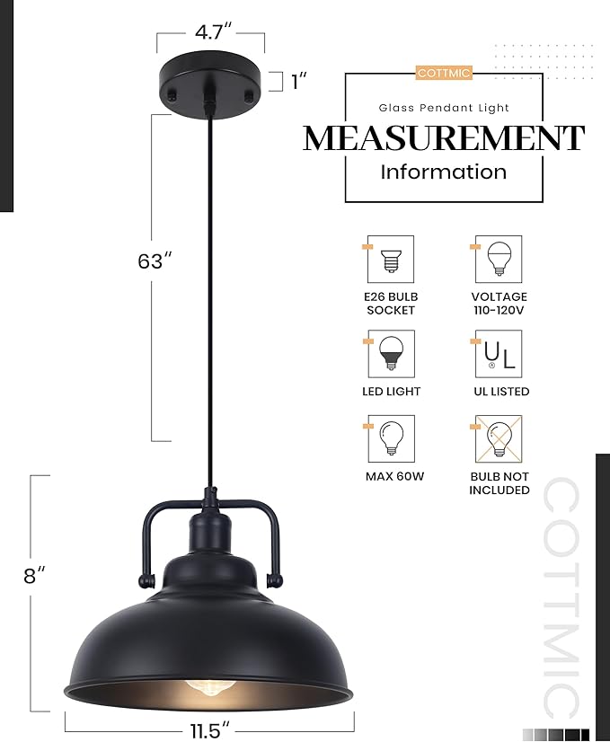 Black Farmhouse Pendant Light 2pack, 11.4in Vintage Kitchen Pendant Light Fixture, Adjustable Height, Modern Pendant Lighting, Metal Pendant Lights for Kitchen Island, Dining Room E26 Base
