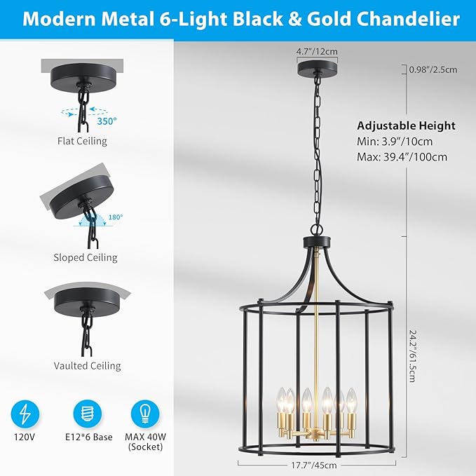 XINGQI 17.7" Lantern Pendant Light Modern Geometric Hanging Chandelier Black and Gold 6 Lights Adjustable Height Cage Pendant Lighting Fixture for Dining Room Living Room Kitchen Entryway Hallway
