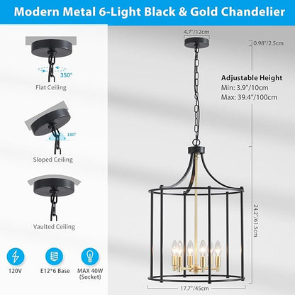 XINGQI 17.7" Lantern Pendant Light Modern Geometric Hanging Chandelier Black and Gold 6 Lights Adjustable Height Cage Pendant Lighting Fixture for Dining Room Living Room Kitchen Entryway Hallway