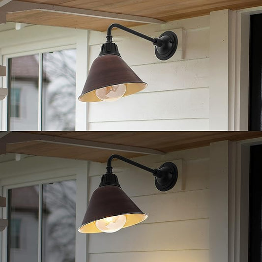 JONATHAN Y 9.63" 1-Light Wood Finish/Copper Farmhouse Outdoor Sconce, Industrial LED Wall Light, Gooseneck Arm Barn Lamp with Metal Bell Shade for Porch, Patio, Kitchen, LED Bulb Included (JYL7612G)