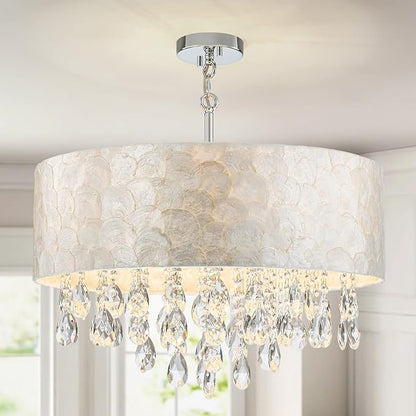 LumFurn X-Large 6-Light Drum Capiz Shell Crystal Chandeliers, Coastal Style Pendant Light Fixture for Dining Room, Living Room, D24 x H23~71 inch(Adjustable), Shell Lampshade & Chrome Finish