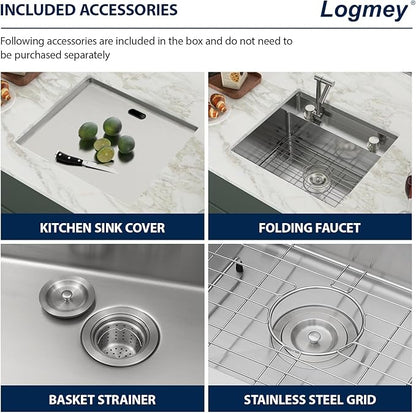Logmey 21x18 Inch Outdoor Kitchen Sink Undermount Stainless Steel Single Bowl 16-Gauge Undermount Bar Sink with Foldable Faucet Combo Cover