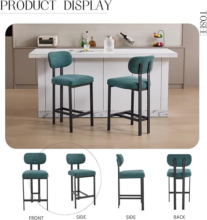Modern Dining Chairs Set of 2, 26 inch Upholstered Fabric Counter Height Barstools with Sturdy Metal Legs, Stylish Simple Natural Kitchen Island Chairs for Versatile Use,AntiqueGreen-Fabric-