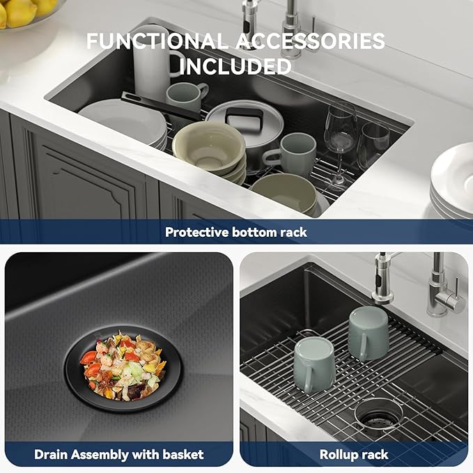 Lordear 33 Inch Black Undermount Kitchen Sink Workstation 16 Gauge Stainless Steel Single Bowl with Built-in Accessories, 33x19x9 Inch Gunmetal Black Nano-pvd