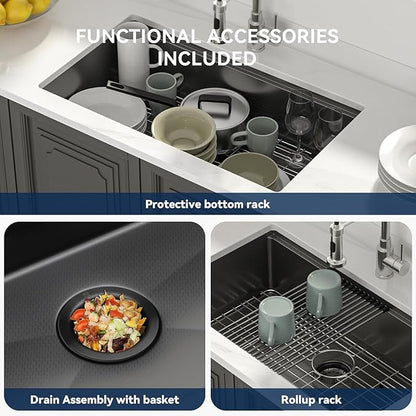 Lordear 33 Inch Black Undermount Kitchen Sink Workstation 16 Gauge Stainless Steel Single Bowl with Built-in Accessories, 33x19x9 Inch Gunmetal Black Nano-pvd
